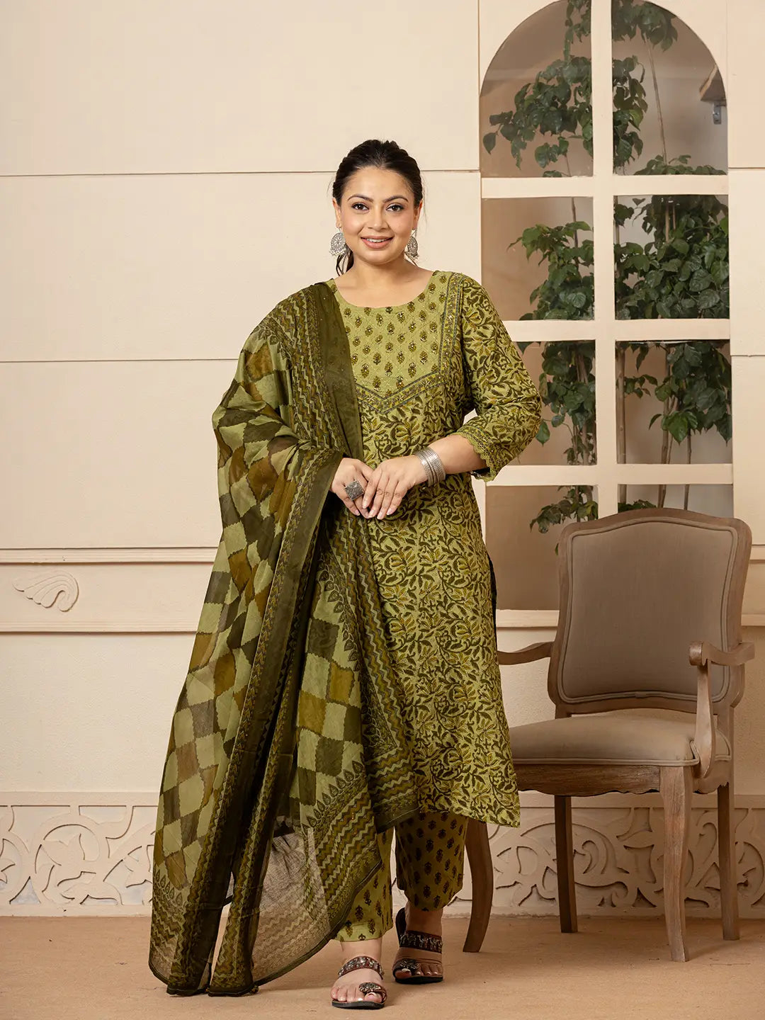 Cotton Kantha Work Plus Size Kurta Dupatta Pant Set