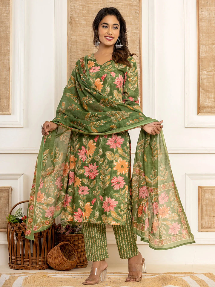 Cotton Green Kurta Dupatta Set