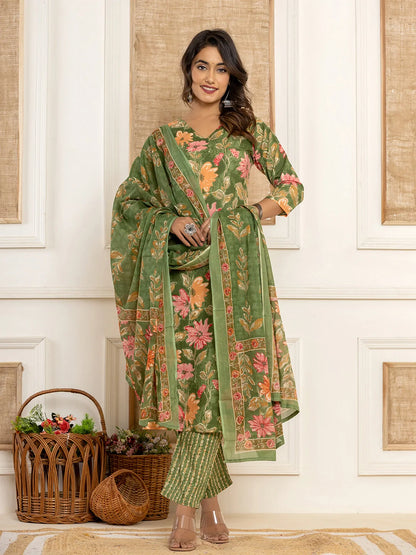 Women's Green Cotton Cotton Green Kurta Dupatta Set by Yufta, suitable for wholesale buyers, boutiques, retailers, resellers and bulk fashion orders from Trendphoria