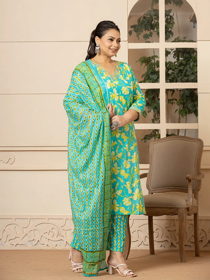 Cotton Green Plus Size Kurta Dupatta Pant Set