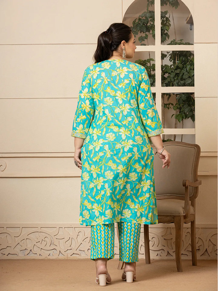 Cotton Green Plus Size Kurta Dupatta Pant Set