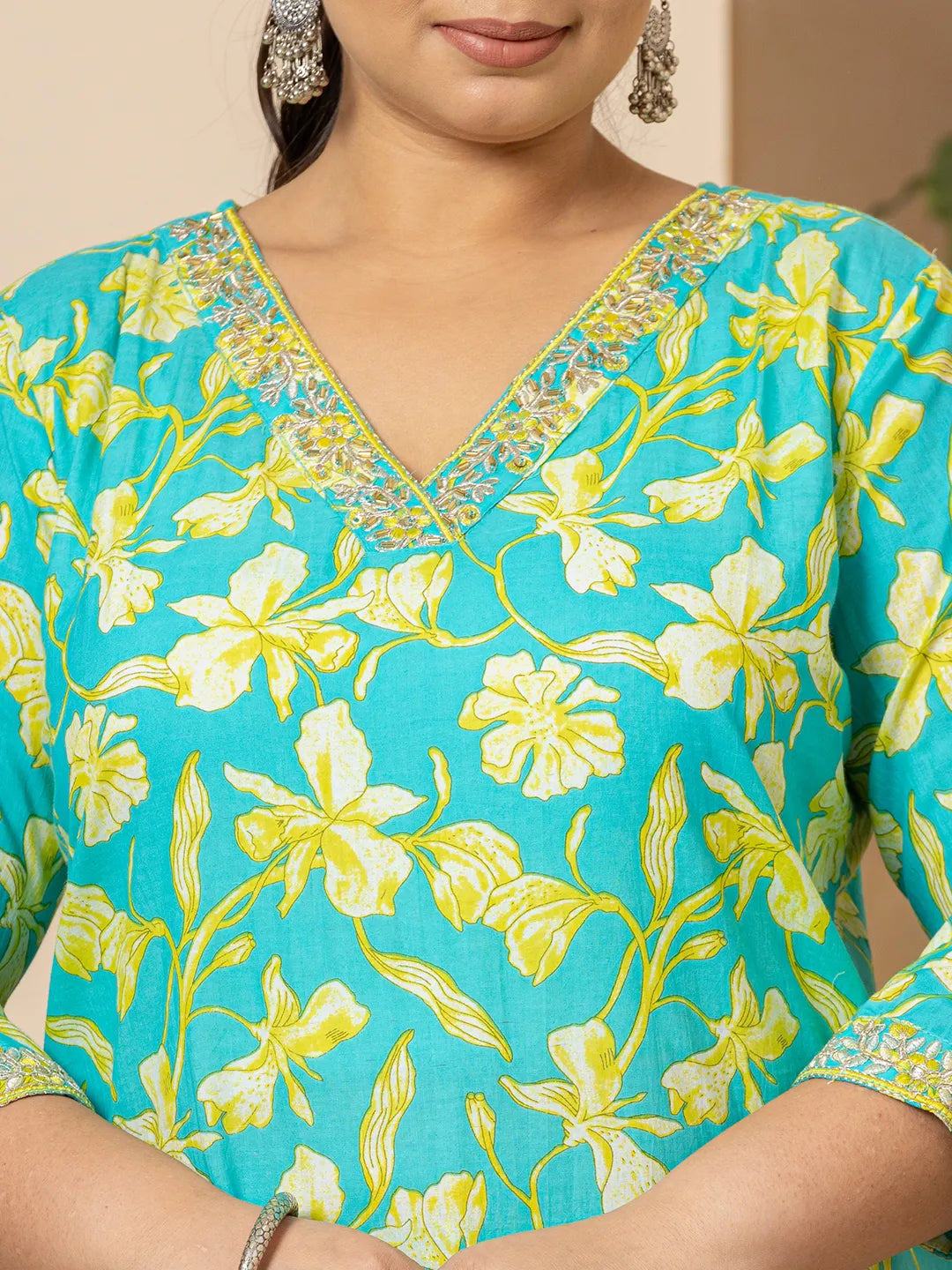 Cotton Green Plus Size Kurta Dupatta Pant Set