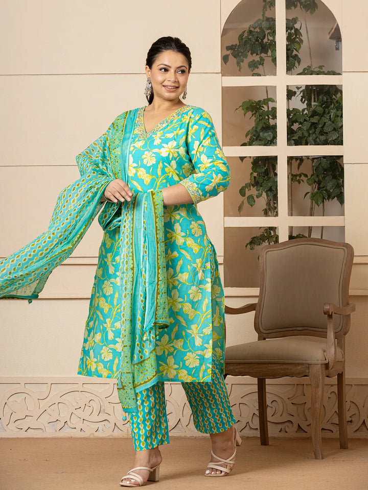 Cotton Green Plus Size Kurta Dupatta Pant Set