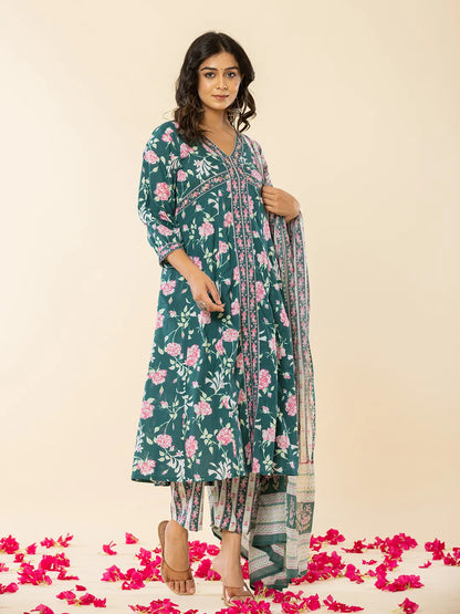 Cotton Green Sequins Work Anarkali Kurta Dupatta Set