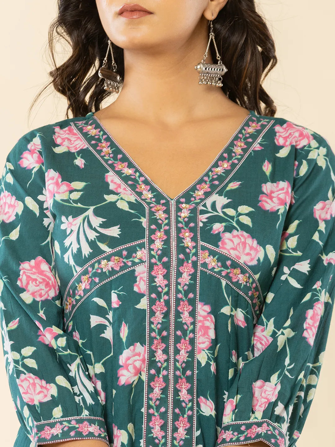 Cotton Green Sequins Work Anarkali Kurta Dupatta Set