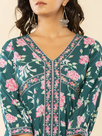 Cotton Green Sequins Work Anarkali Kurta Dupatta Set