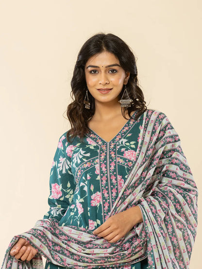 Cotton Green Sequins Work Anarkali Kurta Dupatta Set