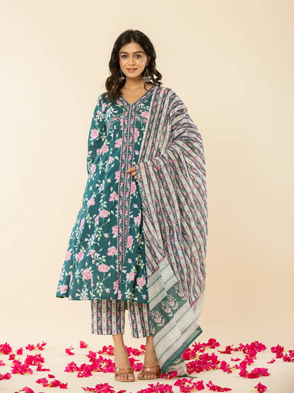 Cotton Green Sequins Work Anarkali Kurta Dupatta Set