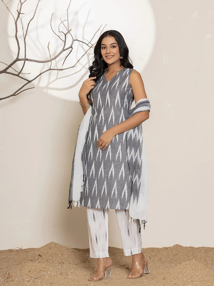 Cotton Grey Ikat Print Kurta Dupatta Set