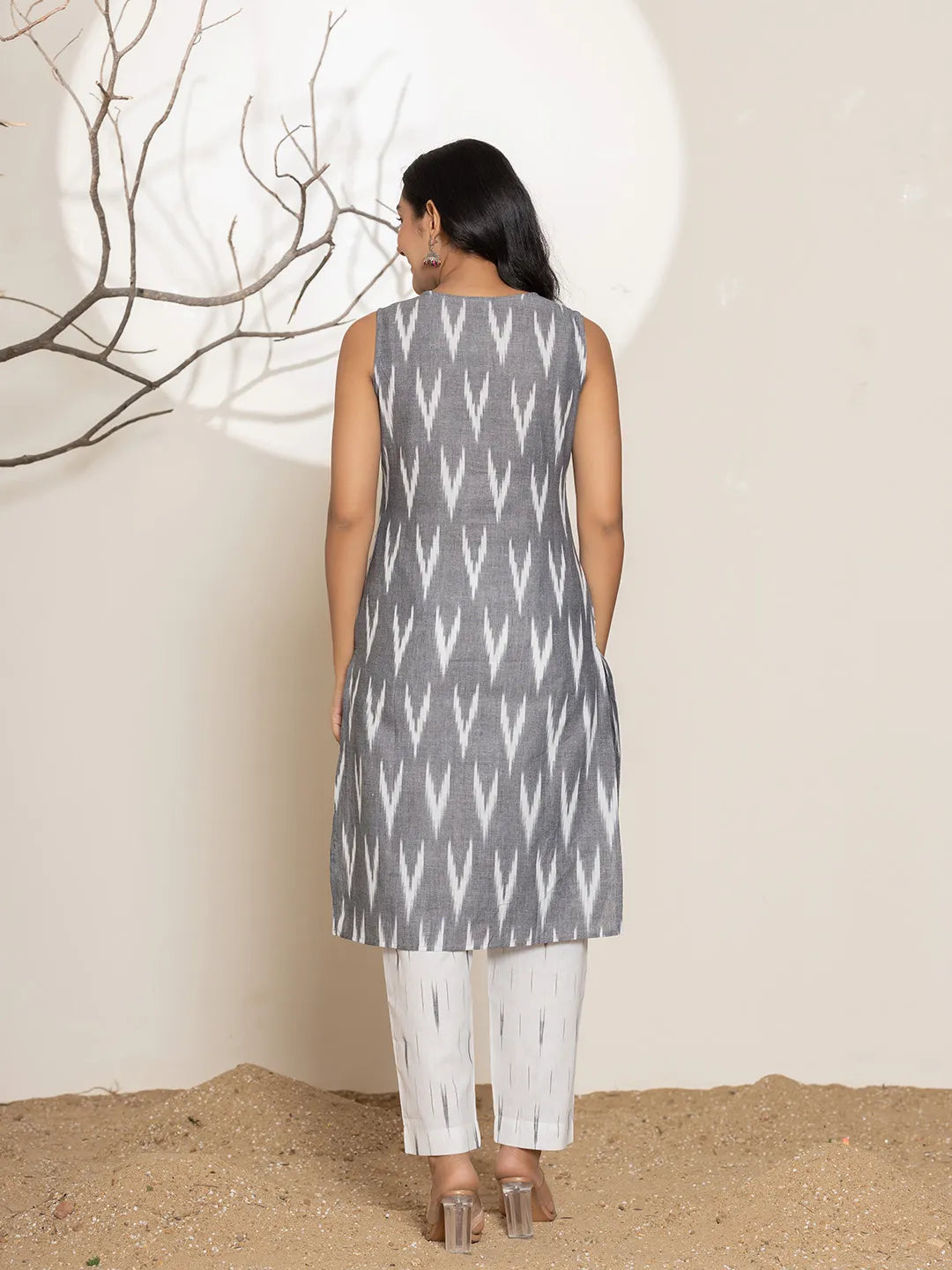 Cotton Grey Ikat Print Kurta Dupatta Set
