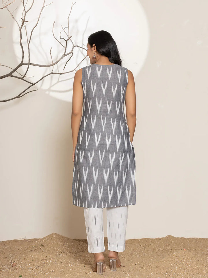 Cotton Grey Ikat Print Kurta Dupatta Set