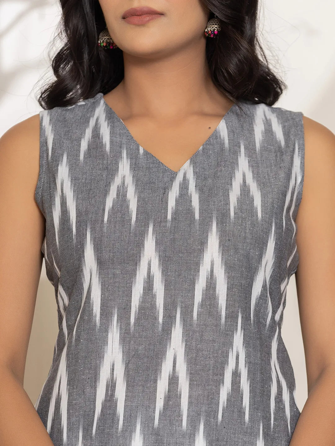 Cotton Grey Ikat Print Kurta Dupatta Set