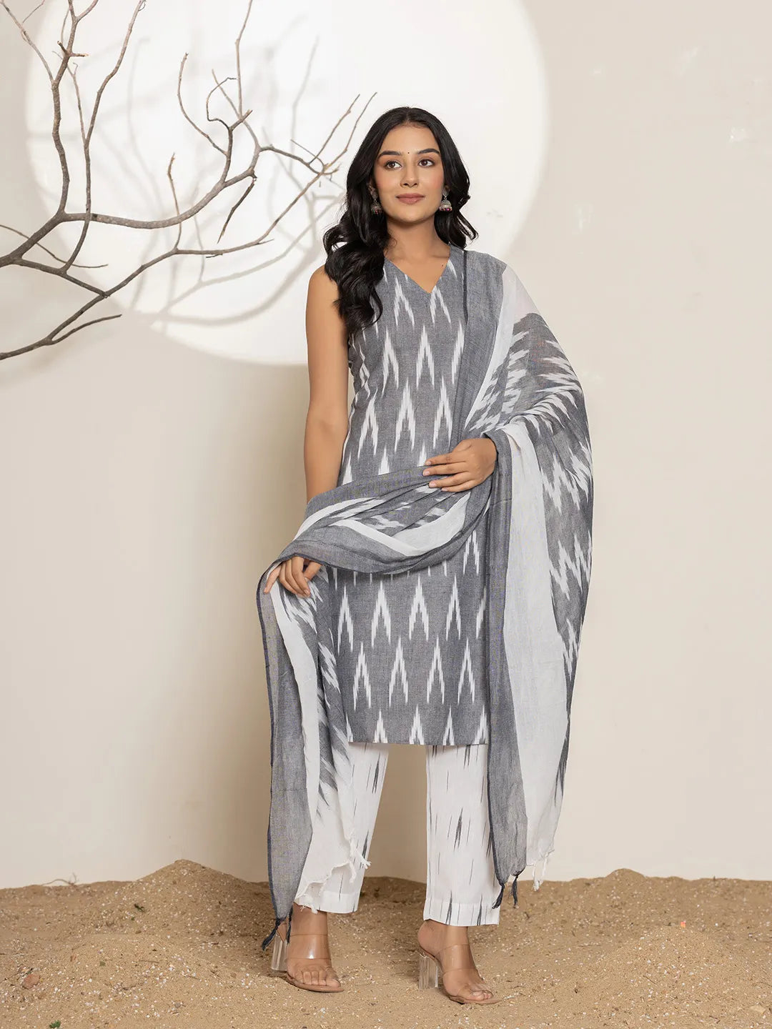 Cotton Grey Ikat Print Kurta Dupatta Set
