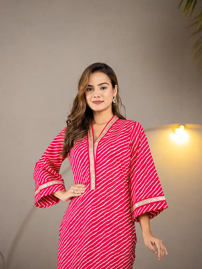Cotton Hot Pink Leheriya Kurta