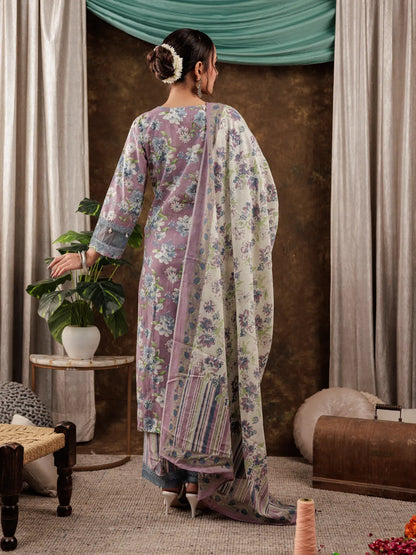 Cotton Kurta Dupatta Set With Lace Detailing