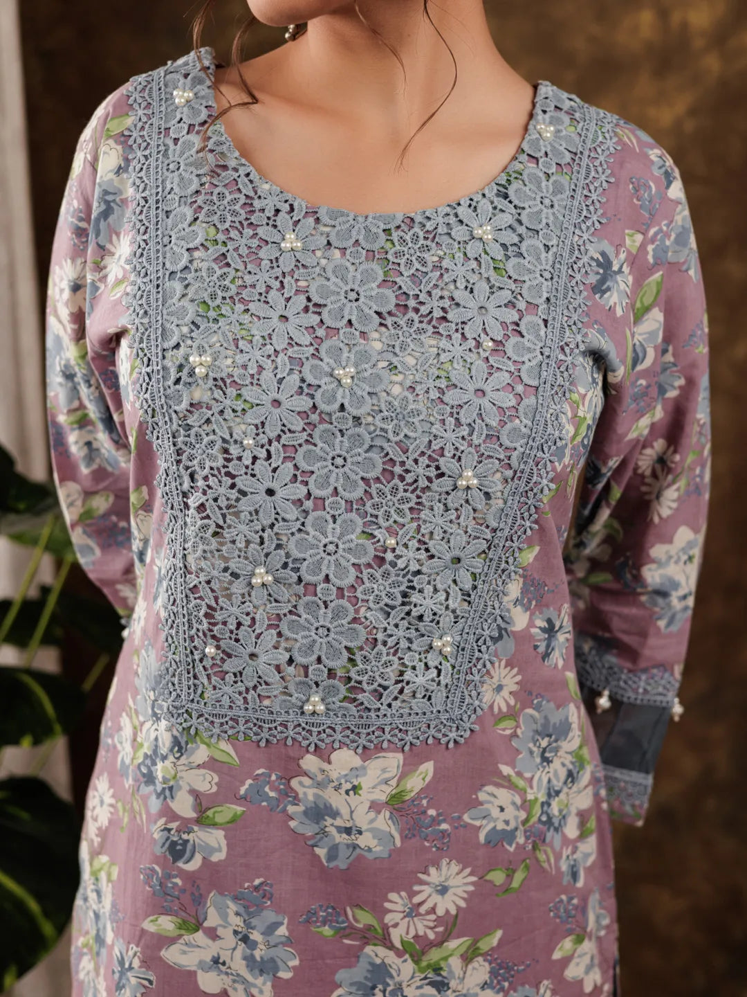 Cotton Kurta Dupatta Set With Lace Detailing