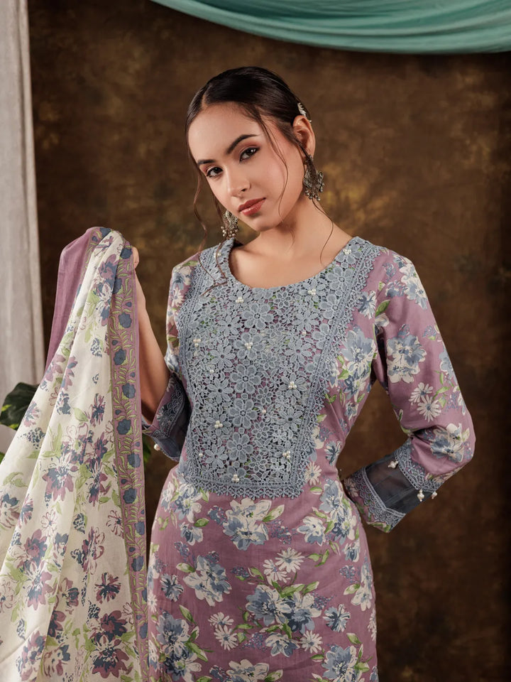Cotton Kurta Dupatta Set With Lace Detailing