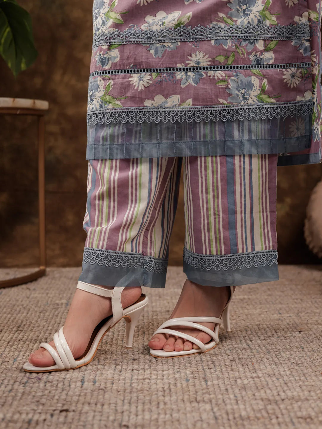 Cotton Kurta Dupatta Set With Lace Detailing