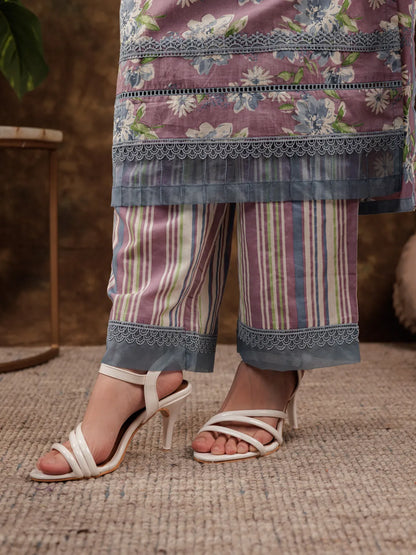 Cotton Kurta Dupatta Set With Lace Detailing