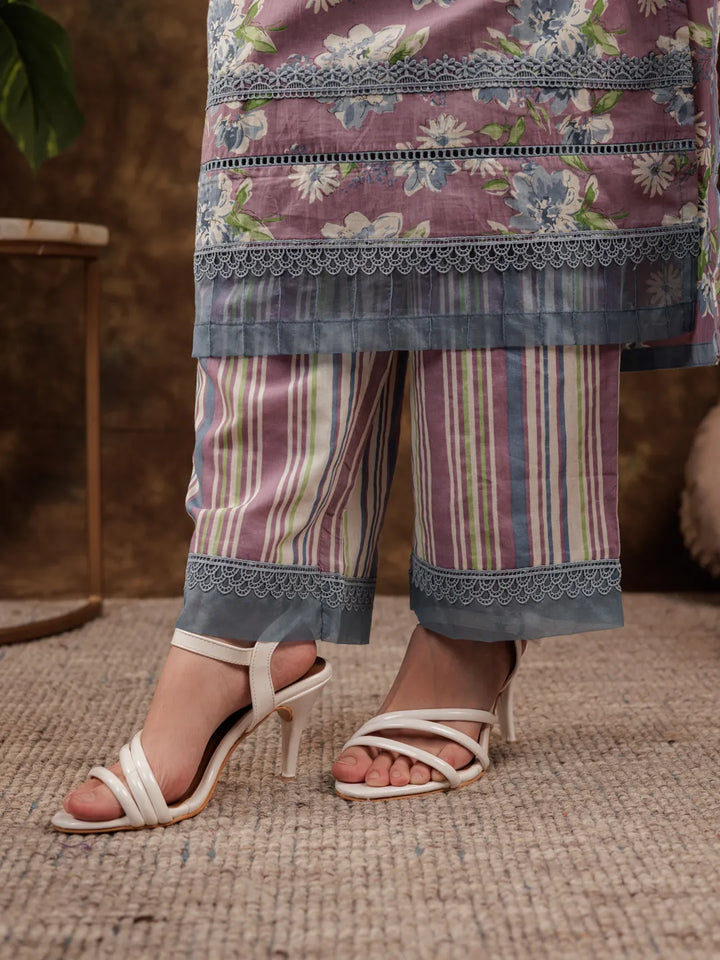 Cotton Kurta Dupatta Set With Lace Detailing