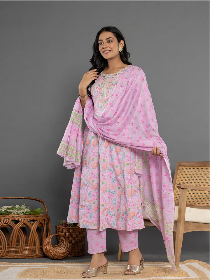 Cotton Lavender Kurta Dupatta Pant Set