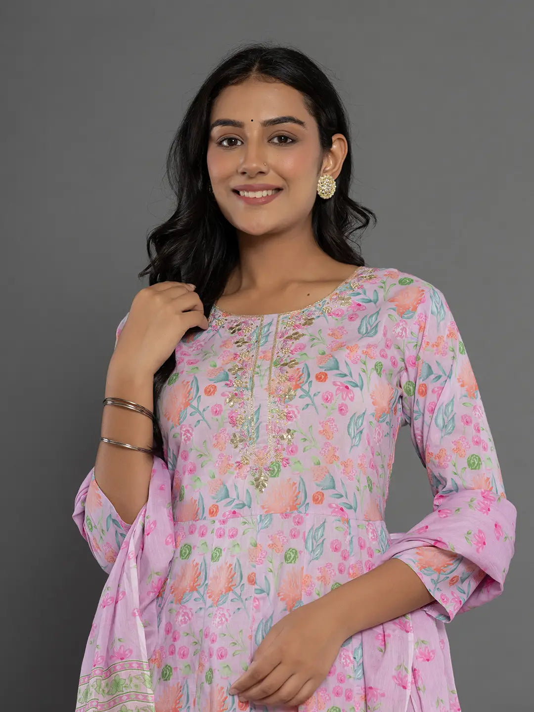 Cotton Lavender Kurta Dupatta Pant Set