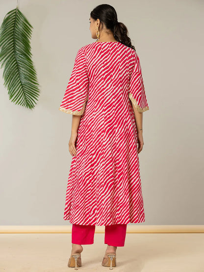 Cotton Leheriya Hot Pink Kurta Dupatta Pant Set