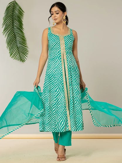 Cotton Leheriya Kurta Dupatta Pant Set
