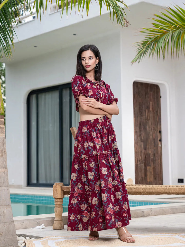 Cotton Maroon Skirt Co Ord Set