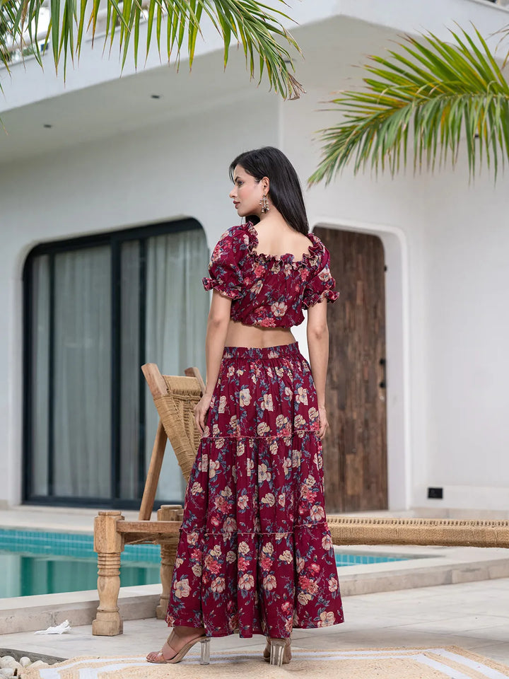 Cotton Maroon Skirt Co Ord Set
