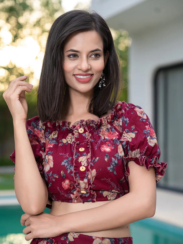 Cotton Maroon Skirt Co Ord Set