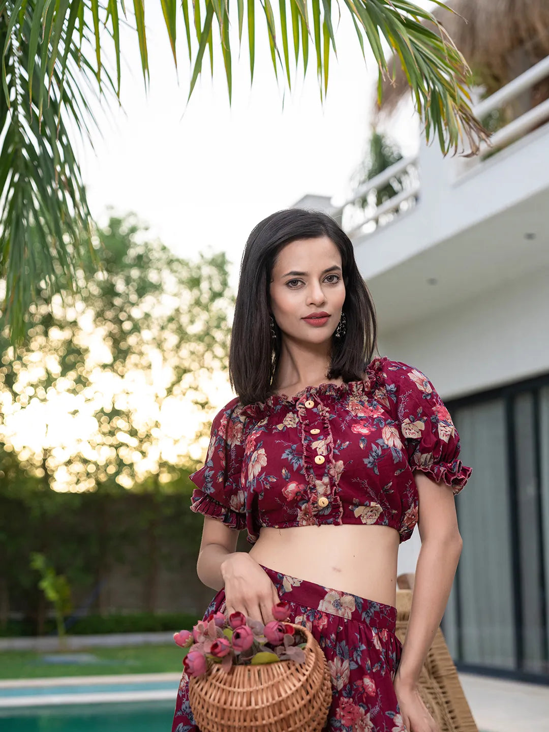 Cotton Maroon Skirt Co Ord Set