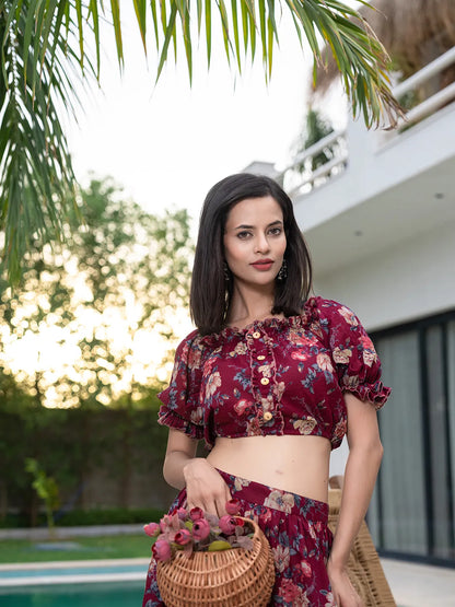 Cotton Maroon Skirt Co Ord Set