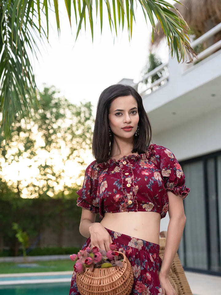 Cotton Maroon Skirt Co Ord Set