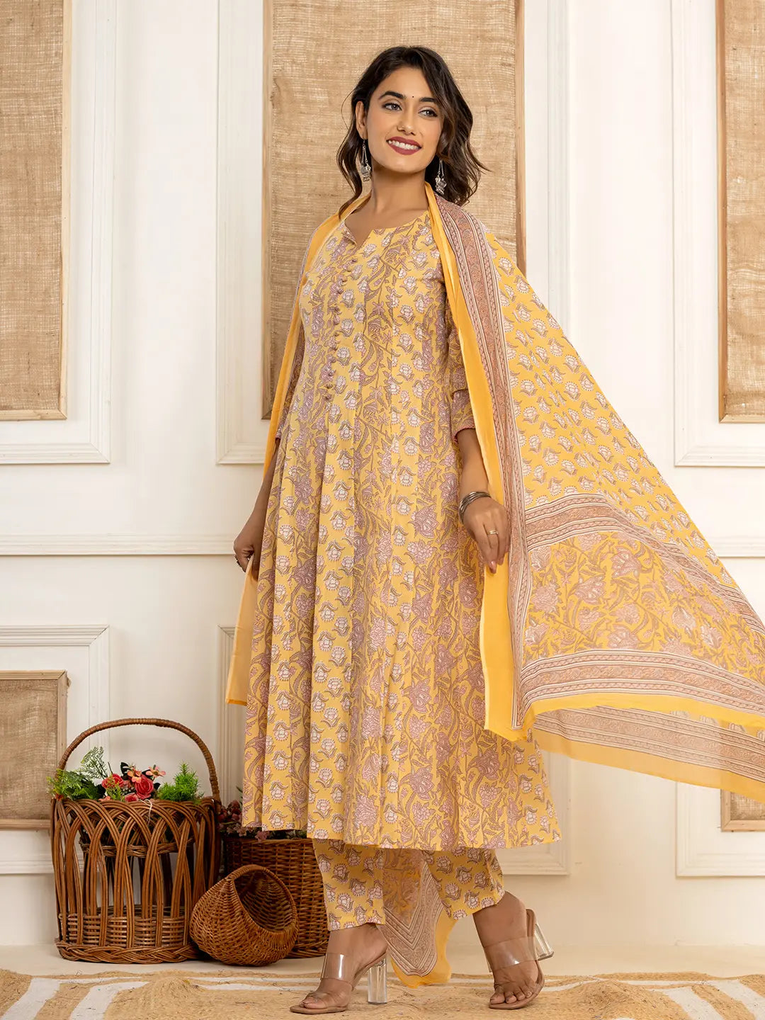 Cotton Mustard Anarkali Kurta Dupatta Set