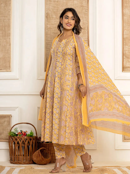 Cotton Mustard Anarkali Kurta Dupatta Set