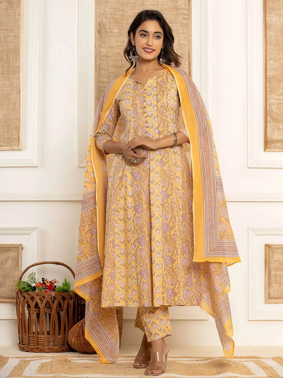 Cotton Mustard Anarkali Kurta Dupatta Set