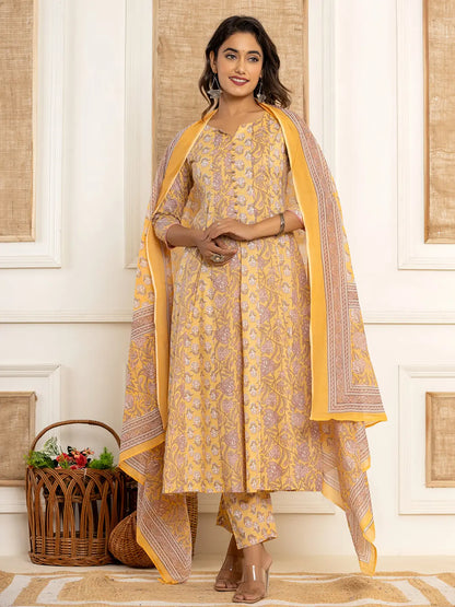 Cotton Mustard Anarkali Kurta Dupatta Set