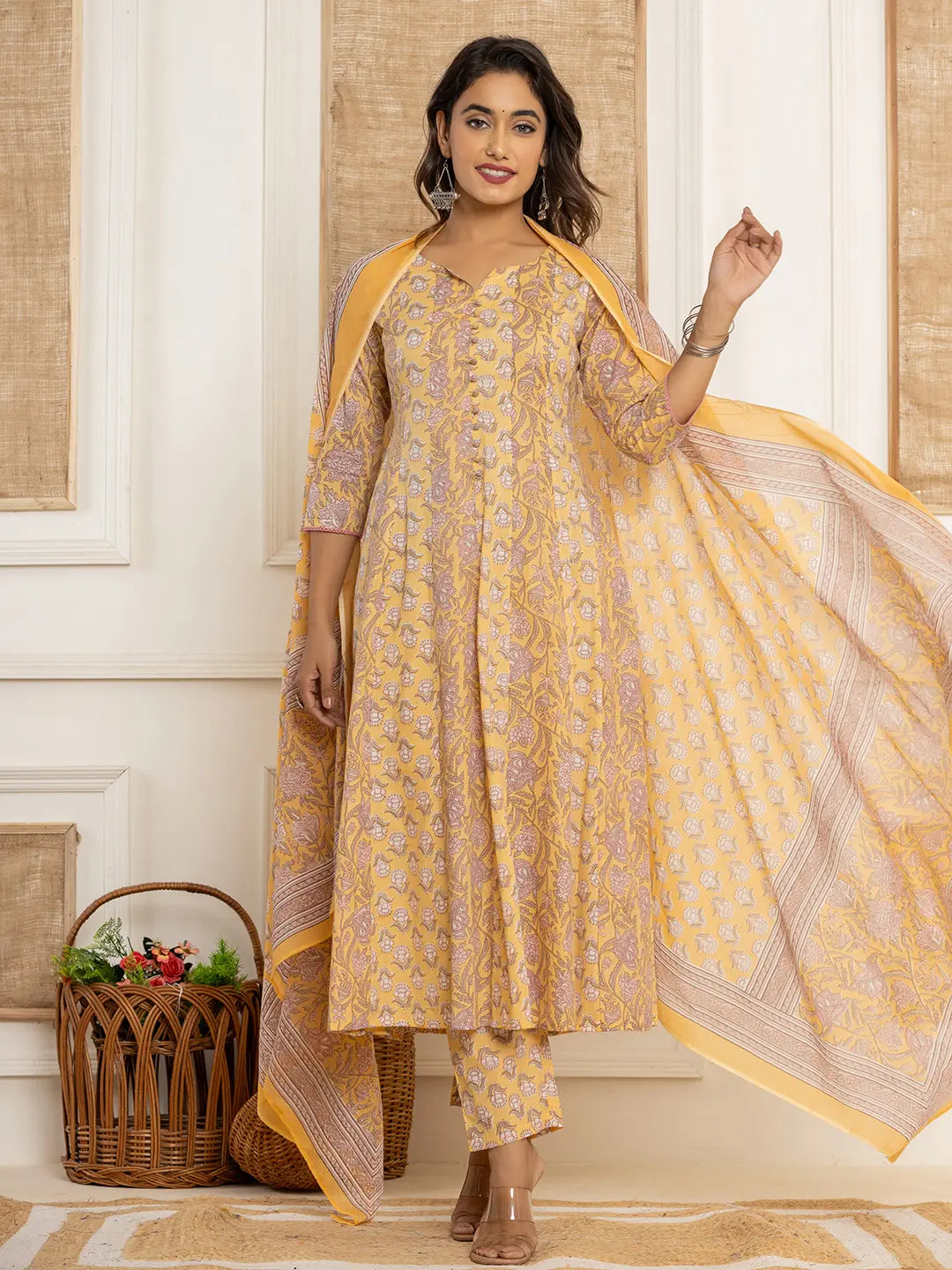 Cotton Mustard Anarkali Kurta Dupatta Set