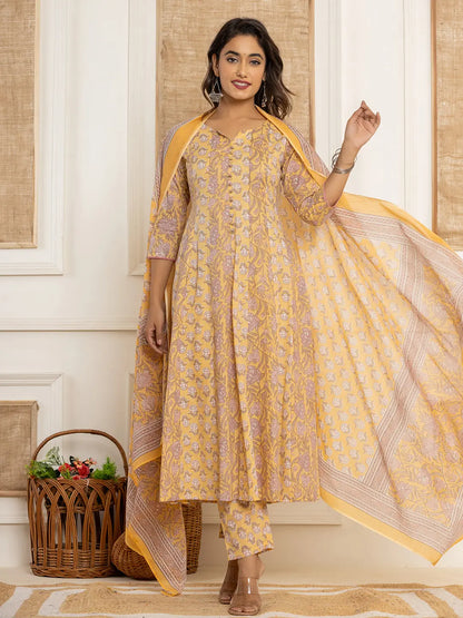 Cotton Mustard Anarkali Kurta Dupatta Set