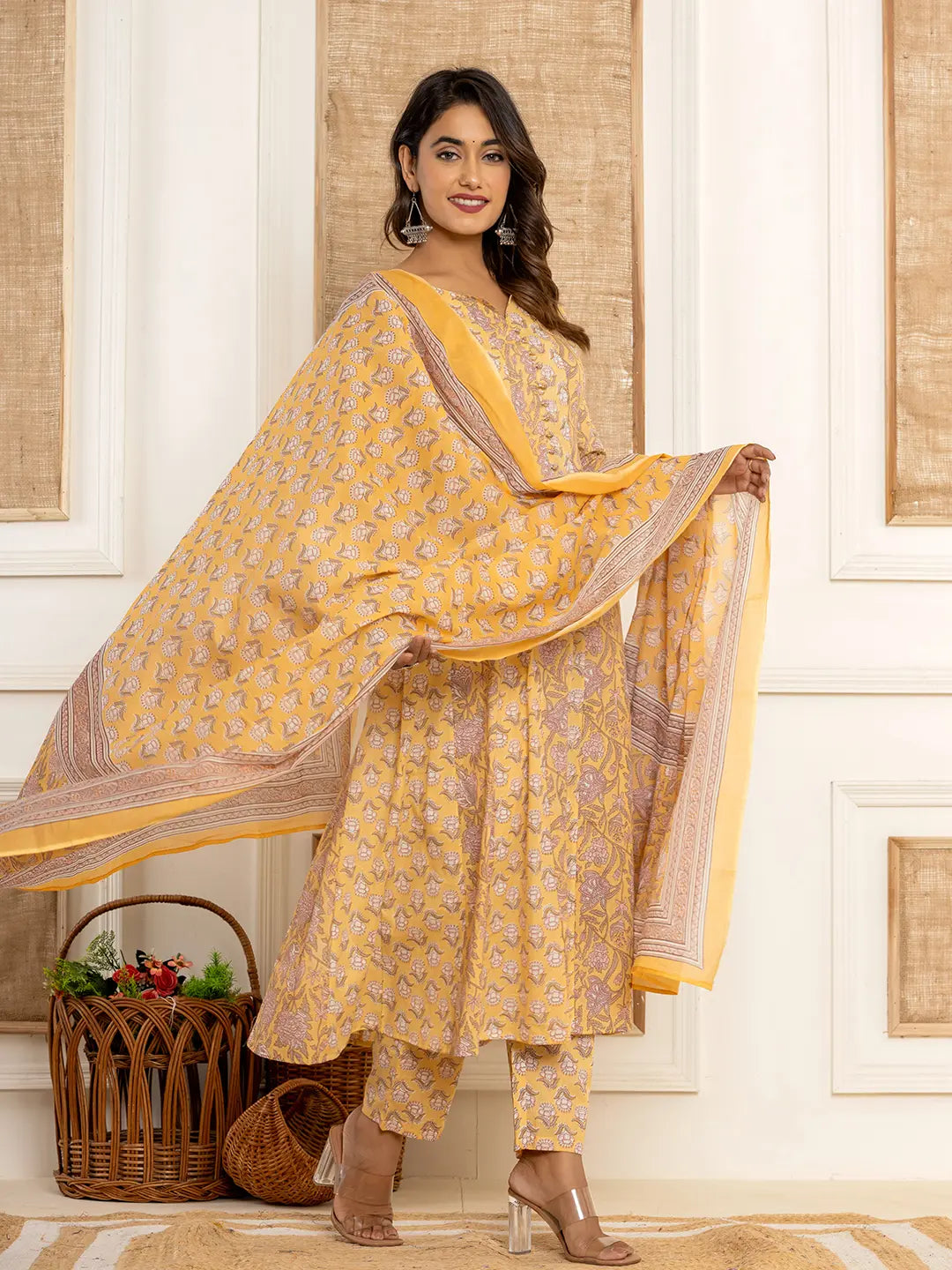 Cotton Mustard Anarkali Kurta Dupatta Set
