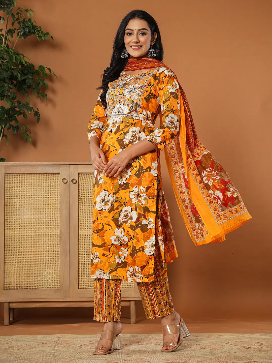 Cotton Mustard Embroidered Kurta Dupatta Set