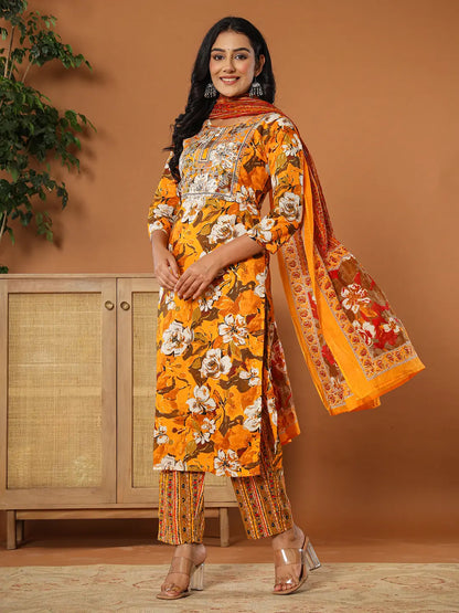 Cotton Mustard Embroidered Kurta Dupatta Set
