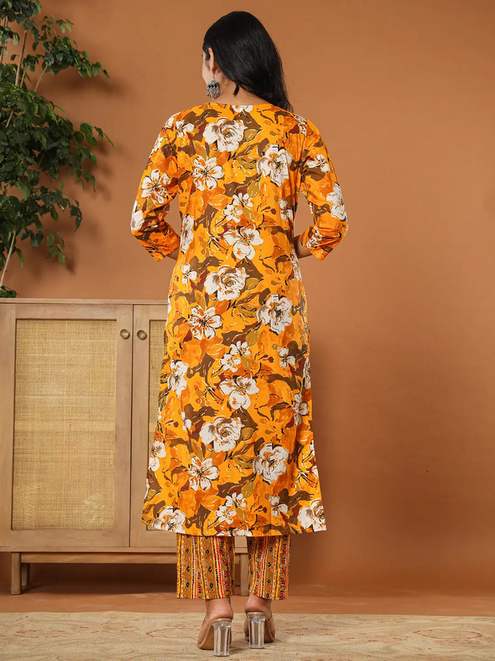 Cotton Mustard Embroidered Kurta Dupatta Set