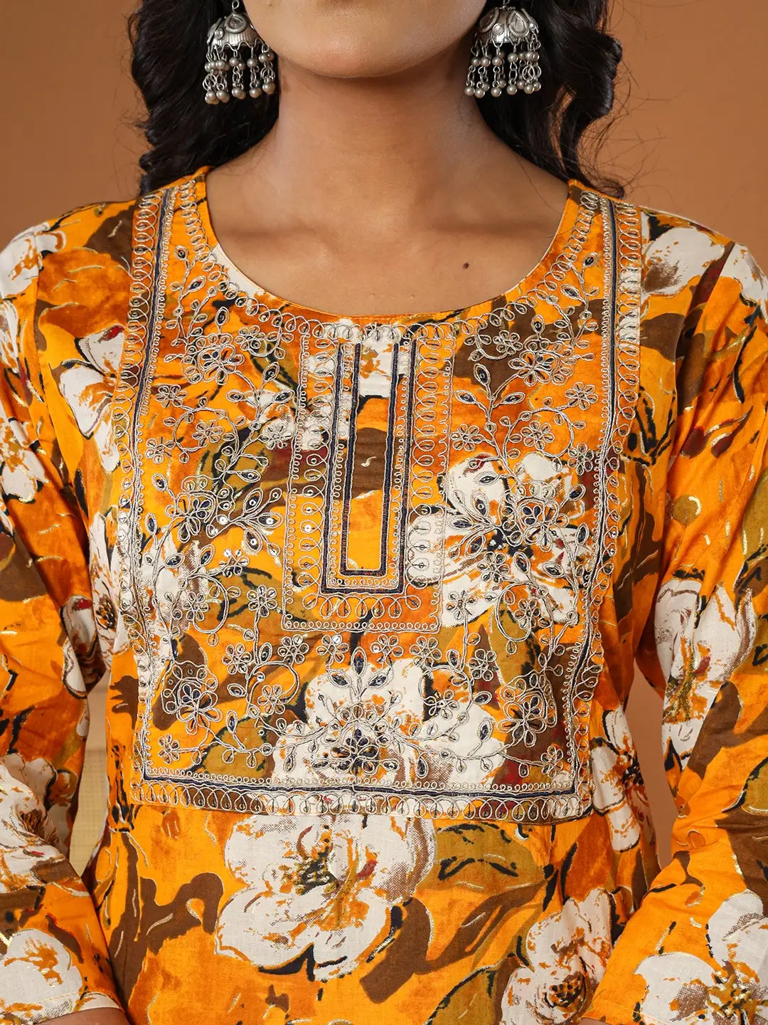 Cotton Mustard Embroidered Kurta Dupatta Set