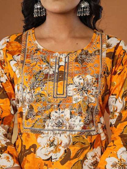 Cotton Mustard Embroidered Kurta Dupatta Set