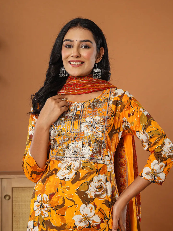 Cotton Mustard Embroidered Kurta Dupatta Set