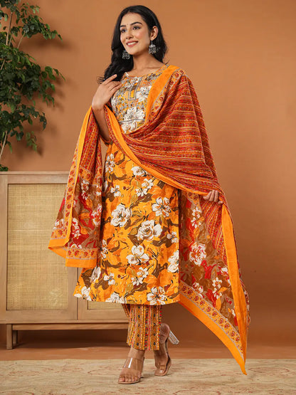 Cotton Mustard Embroidered Kurta Dupatta Set