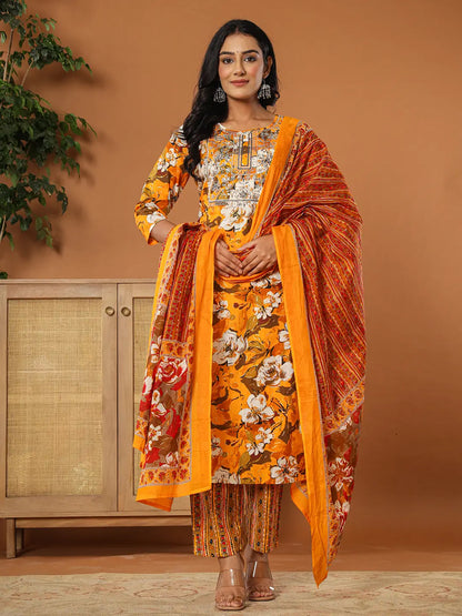 Cotton Mustard Embroidered Kurta Dupatta Set