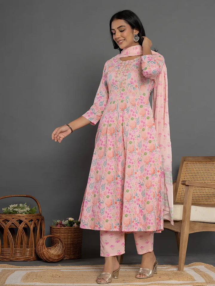 Cotton Peach Kurta Dupatta Pant Set